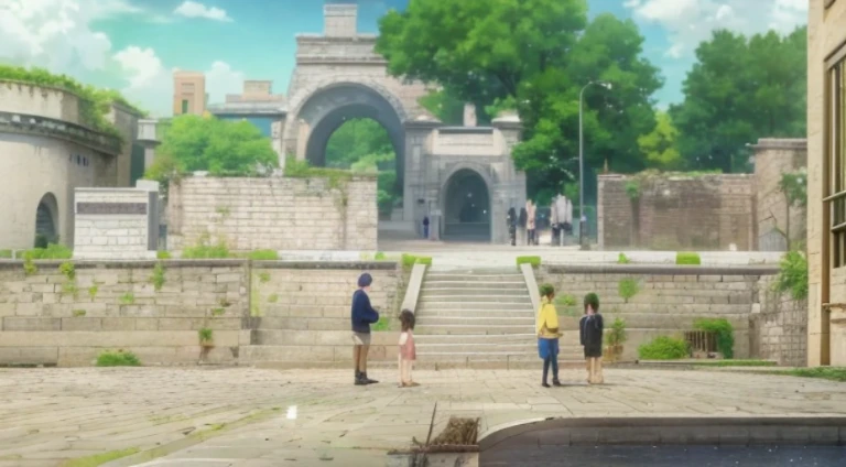 Anime scene of a group of people standing on a stone walkway, anime scene, Today’s recommended anime is still, beautiful anime scenes, in the anime film, high quality anime movie still, Screenshot of the animated movie, Anime beautiful peaceful scene, Official animation stills, Still from TV animation, ruins in the background, Screenshot of black clover, Still from anime, anime movie scene