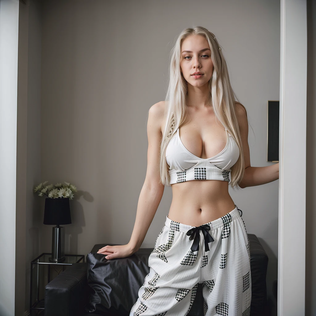 Aria, Platinum white blonde long hair 24 year old model with nice body and slightly bigger boobs, doing a photoshoot in her luxurious looking apartment, wearing a black crop tank top, and checkered pattern baggy pajama pants.