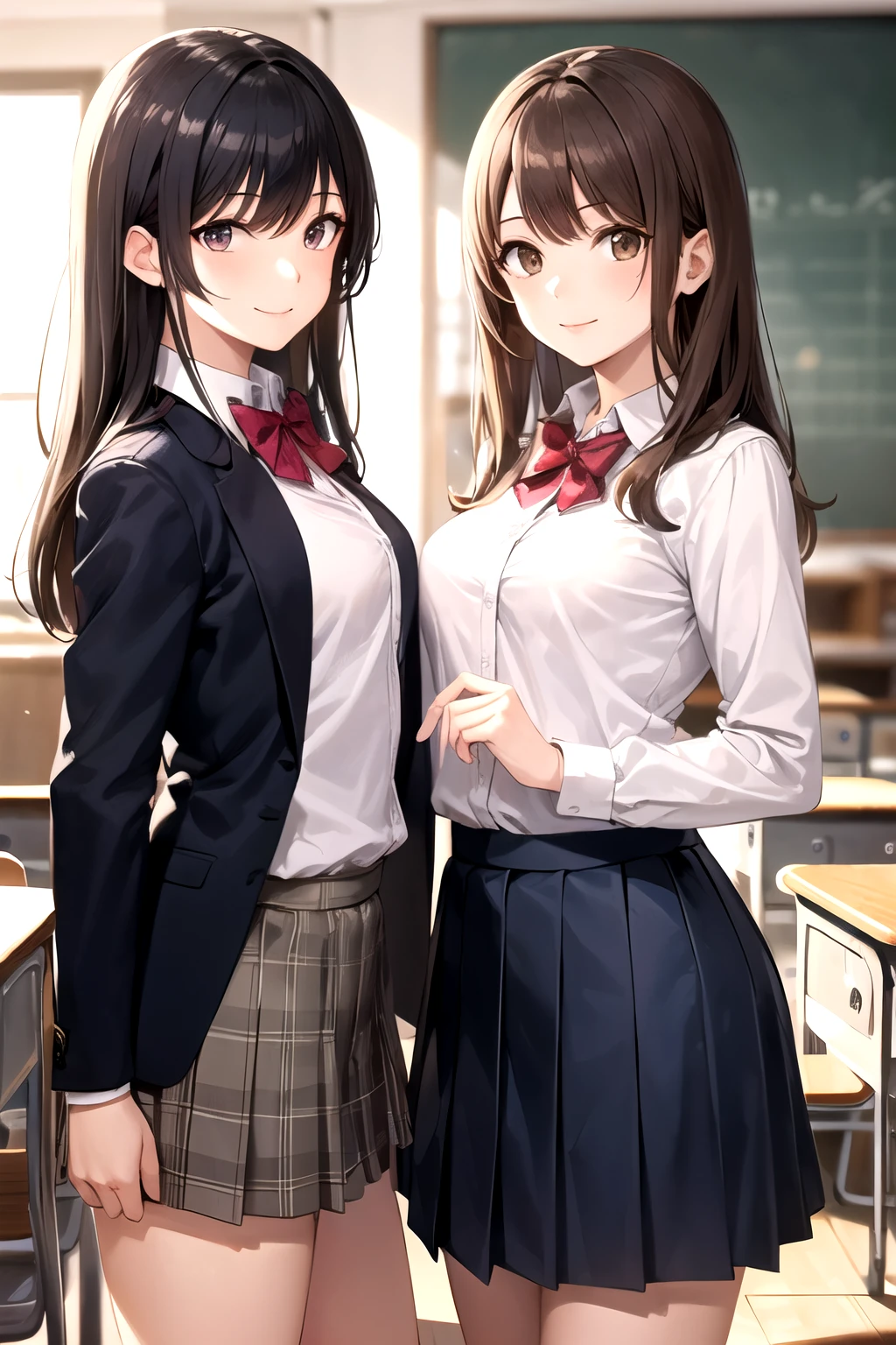 2 girls,  20 years old, looking at viewer,  long hair, medium hair, light brown hair,  brown eyes,  small breast, medium breast,smile, blazer, pleated skirt, dark blue clothes, red bowtie, indoors, school,  Best Quality,  High resolution,  Extremely detailed,  Detailed background,  Perfect Lighting