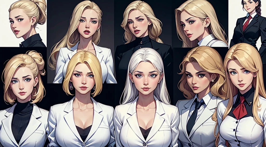 a white woman with business suit with 4 different expressions on detailed face like surprise, sad, smile and laugh