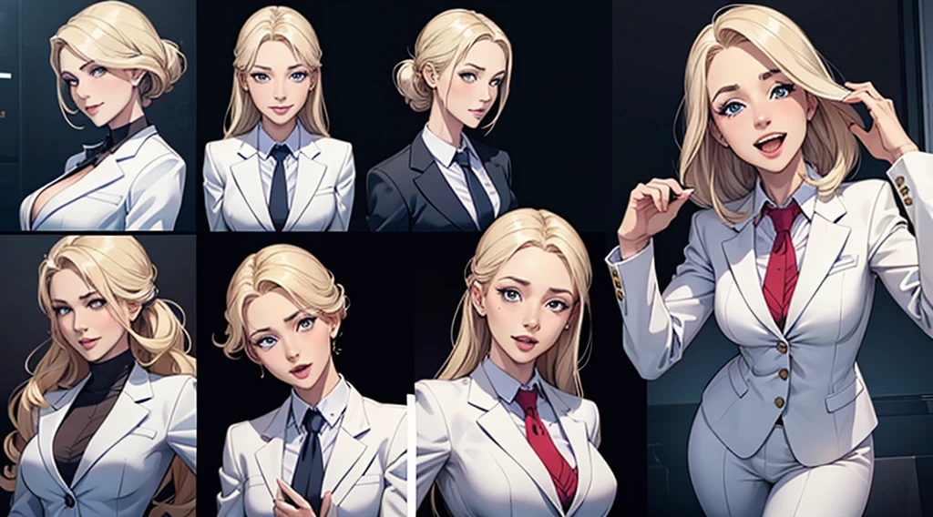 a white woman with business suit with 4 different expressions on detailed face like surprise, sad, smile and laugh