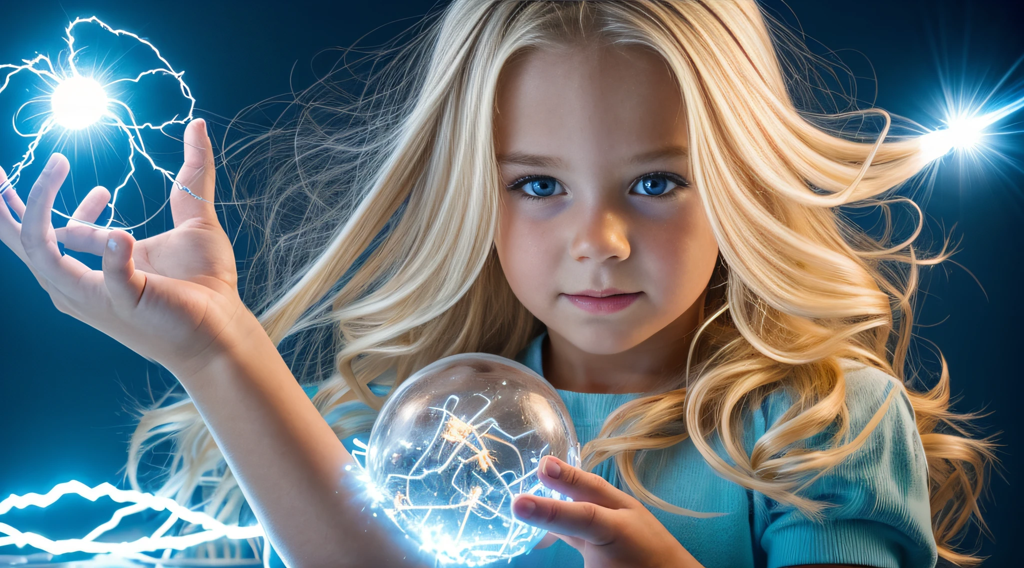 a close-up of a blonde child with long hair, BIG BALL OF electrified ICE IN HANDS.