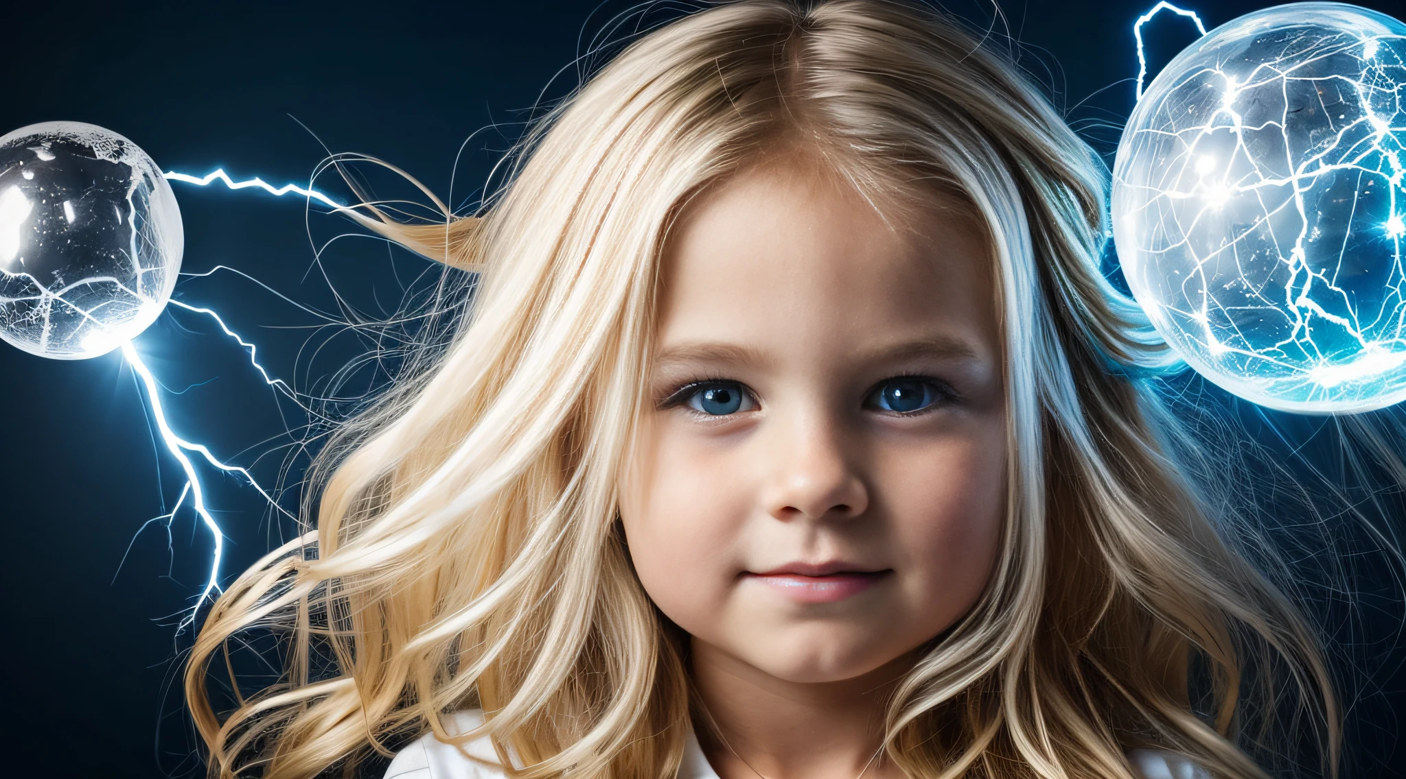 a close-up of a blonde  with long hair, BIG BALL OF electrified ICE IN HANDS.