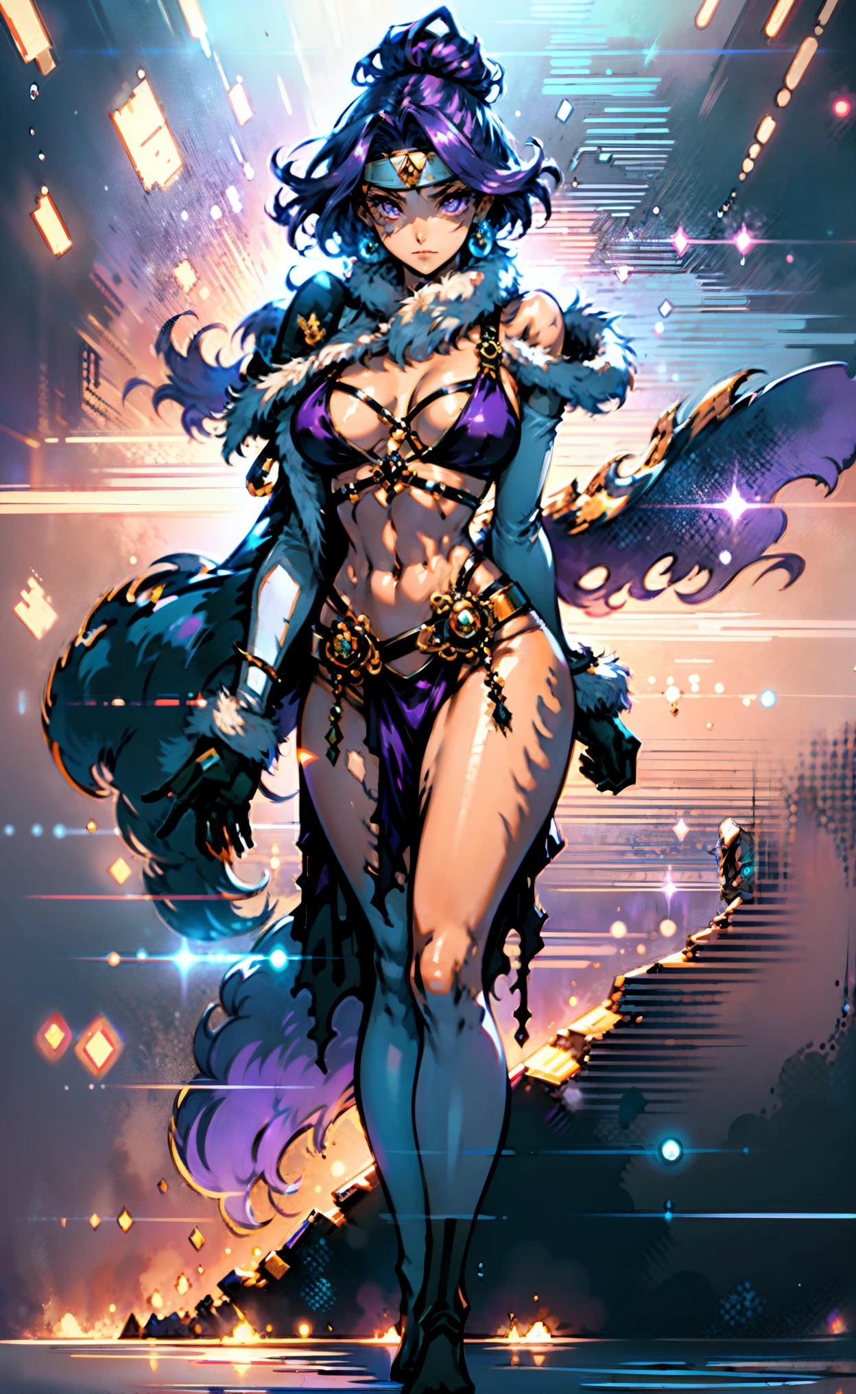 A beautiful woman, short purple hair, long bangs covering her left eye, a headband on her forehead, an exquisite and charming face, a mysterious gaze, a faint smile, draped over her shoulders is a thick fur scarf connected to sleeves made of the same fur, a fantasy-style bikini outfit, showcases her delicate and alluring figure, a fur belt around her waist, the background features a cracked giant stone in the wilderness emitting an eerie glow, this character embodies a finely crafted fantasy-style female villain in anime style, exquisite and mature manga art style, perfect body, perfect nose, goddess, femminine, high definition, best quality, highres, ultra-detailed, ultra-fine painting, extremely delicate, professional, anatomically correct, symmetrical face, extremely detailed eyes and face, high quality eyes, creativity, RAW photo, UHD, 8k, Natural light, cinematic lighting, masterpiece-anatomy-perfect, masterpiece:1.5