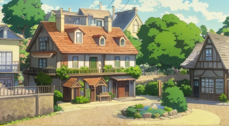 Anime style house in a small town with a fountain, Anime landscape concept art, Madhouse Studio anime style, Anime countryside landscape, Anime landscapes, ghibli studio anime style, Anime background art, beautiful anime scenes, anime scene, beautiful anime scenery, french village exterior, Ghibli Studio Environment, Ghibli animation style, Small town background, Screenshot of the animated movie, tavern background