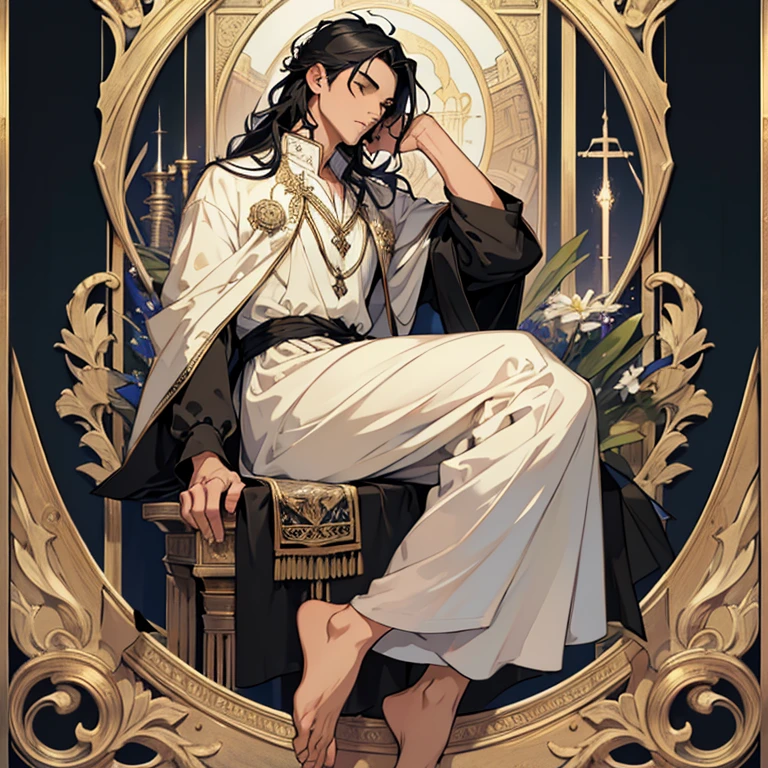 (High quality, masterpiece,hd, hyper detailed , beautiful image),1man,wind frame,(black hair, long, details), (sleepy eyes, beautiful eyes), full body,tarot, handsome,white antique dress,