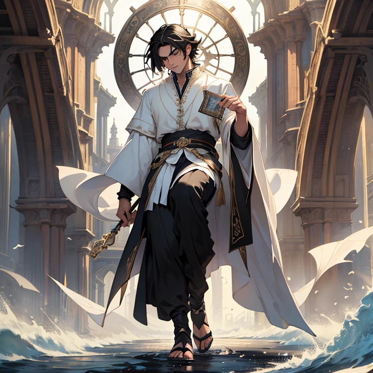 (High quality, masterpiece,hd, hyper detailed , beautiful image),1man,wind frame,(black hair, long, details), (sleepy eyes, beautiful eyes), full body,tarot, handsome,white antique dress,