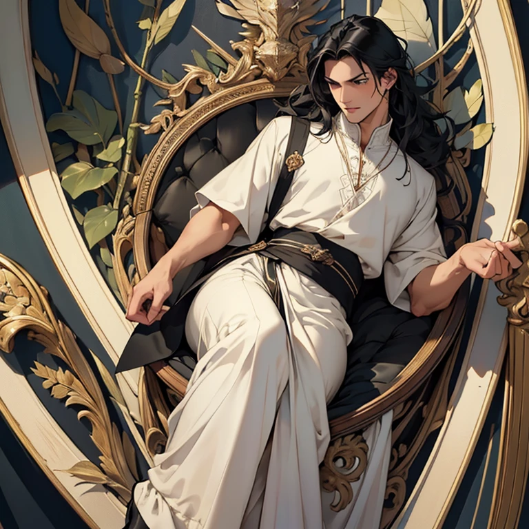 (High quality, masterpiece,hd, hyper detailed , beautiful image),1man,wind frame,(black hair, long, details), (sleepy eyes, beautiful eyes), full body,tarot, handsome,white antique dress,