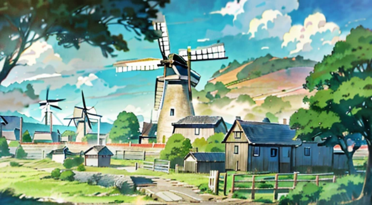 Anime style village scene，There are windmills and stone roads, Anime countryside landscape, beautiful anime scenes, beautiful anime scenery, Anime landscapes, Anime background art, Anime beautiful peaceful scene, Anime landscape concept art, anime backgrounds, Colorful anime movie background, anime scene, Anime landscapes, distant village background, Anime background main vision, anime landscape wallpapers, anime movie backgrounds