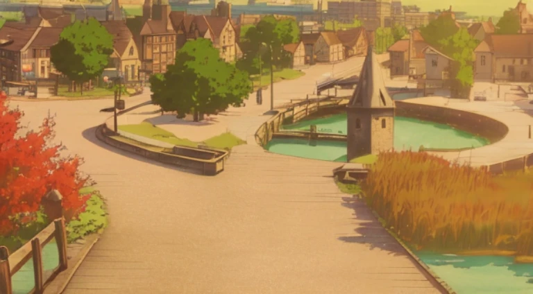 There is a small bridge over a small pond in the town, Downtown background, Small town background, Bustling magic town, Renaissance port city background, town in background, Anime landscape concept art, Anime landscapes, anime scene, beautiful anime scenery, Anime background art, beautiful anime scenes, Anime countryside landscape, distant village background, Anime beautiful peaceful scene, arte de fundo