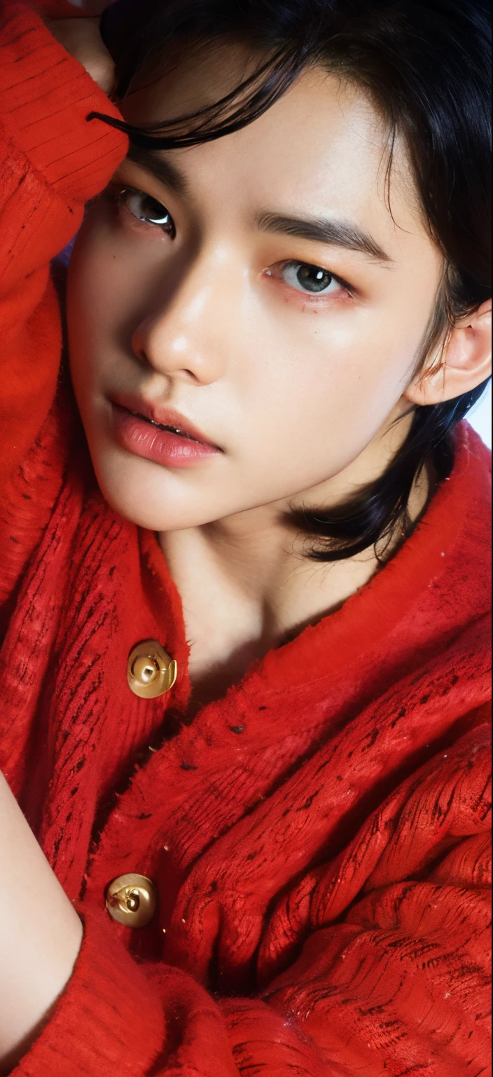 a close-up of a person wearing a red sweater and a watch, Kiko Mizuhara, Directed by: Tadashi Nakayama, Kimi Takemura, Eiko Ishioka, Directed by: Yasutomo Oka, Directed by: Yamagata Hiro, japanese model, por Shinoda Shop, Causas Yasumoto, Foto da revista Vogue, sharp cheekbones, jia