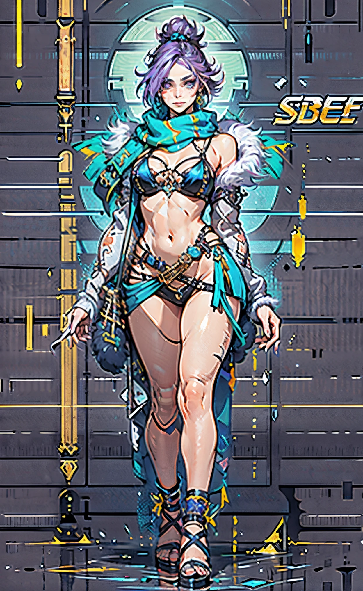 A beautiful woman, short purple hair, long bangs covering her left eye, a headband on her forehead, an exquisite and charming face, a mysterious gaze, a faint smile, draped over her shoulders is a thick fur scarf connected to sleeves made of the same fur, a fantasy-style bikini outfit, showcases her delicate and alluring figure, a fur belt around her waist, the background features a cracked giant stone in the wilderness emitting an eerie glow, this character embodies a finely crafted fantasy-style female villain in anime style, exquisite and mature manga art style, perfect body, perfect nose, goddess, femminine, high definition, best quality, highres, ultra-detailed, ultra-fine painting, extremely delicate, professional, anatomically correct, symmetrical face, extremely detailed eyes and face, high quality eyes, creativity, RAW photo, UHD, 8k, Natural light, cinematic lighting, masterpiece-anatomy-perfect, masterpiece:1.5