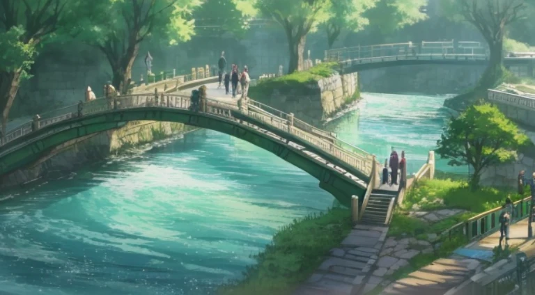 Anime style scene with people on the bridge over the river, Greengar, beautiful anime scenes, Anime landscape concept art, beautiful anime scenery, Today’s recommended anime is still, Guwitz and Xin Haicheng, kyoto animation still, Makoto Shinkai and Bioware, Shen Haicheng, Anime Nature