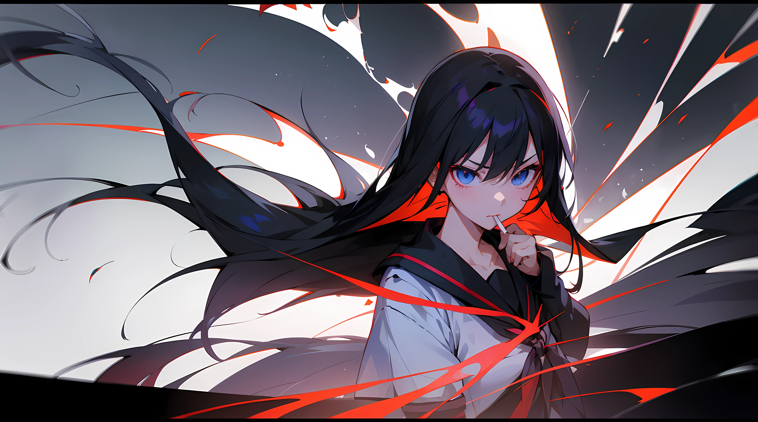 anime girl smoking a cigarette with long black hair and blue eyes in front of a black and white background, a picture by Jin Homura, tumblr, shin hanga, attractive matoi ryuko, anime style 4 k, ryuko matoi, anime moe artstyle, rin, anime style. 8k, hanayamata, yandere
