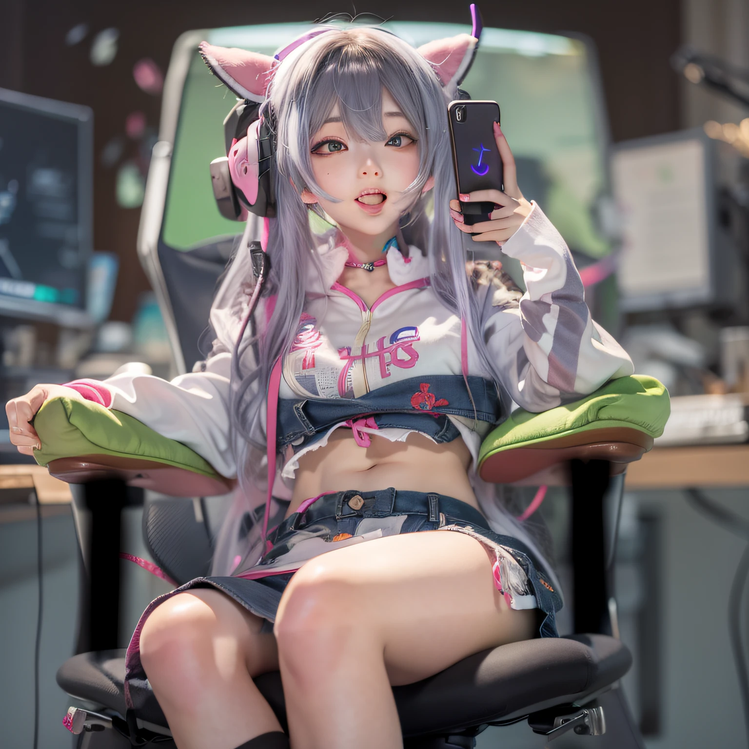 Smartphone full visible, ahegao, silly, streamer girl, sitting in chair, streaming, computer