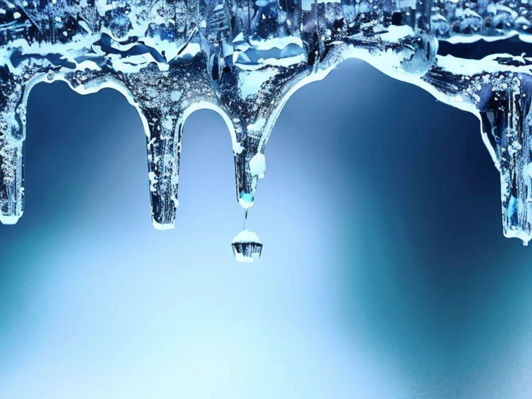 Taken in the cold season,Background with blue sky and white snowflakes。Water droplets hanging on icicles,From a distance, it seems to be steaming。The overall picture gives people a fresh feeling、Peaceful feeling。