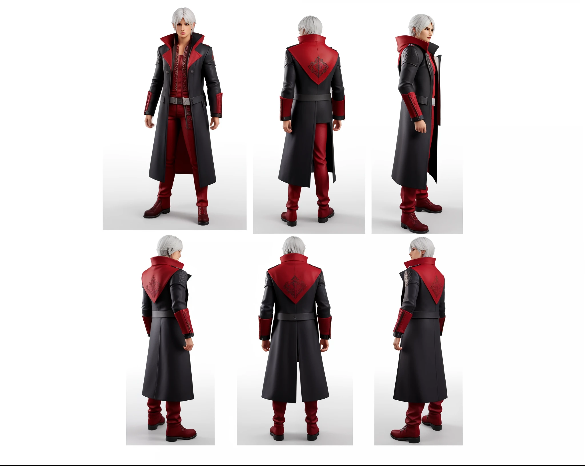 (best quality), (photo-realistic:1) character design sheet, character turnaround, character in different poses, different angles, a close up of a person in a red jacket and black pants, full body black and red longcoat, distant full body view, full body close-up shot, full body with costume, collectible action figure, dante from devil may cry 2 0 0 1, full body shot hyperdetailed, dante from devil may cry, zoomed out full body