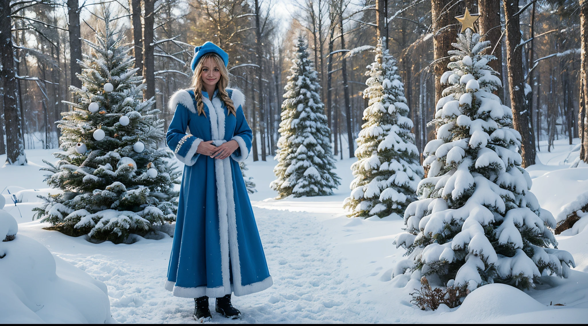 spruce forest, Christmas tree, photo of Cameron Diaz with a braid, in blue clothes and a hat,yo, standing in the snow, sky blue thick fur coat, Rave coat with fur, (fur boots), Crystal maiden in bikini, gloves with rhinestones, traditional russia, sky blue thick fur robes, Ice Queen decorates the Christmas tree, Christmas trees in the snow, russian costume, with a long braid, in full height, boots visible