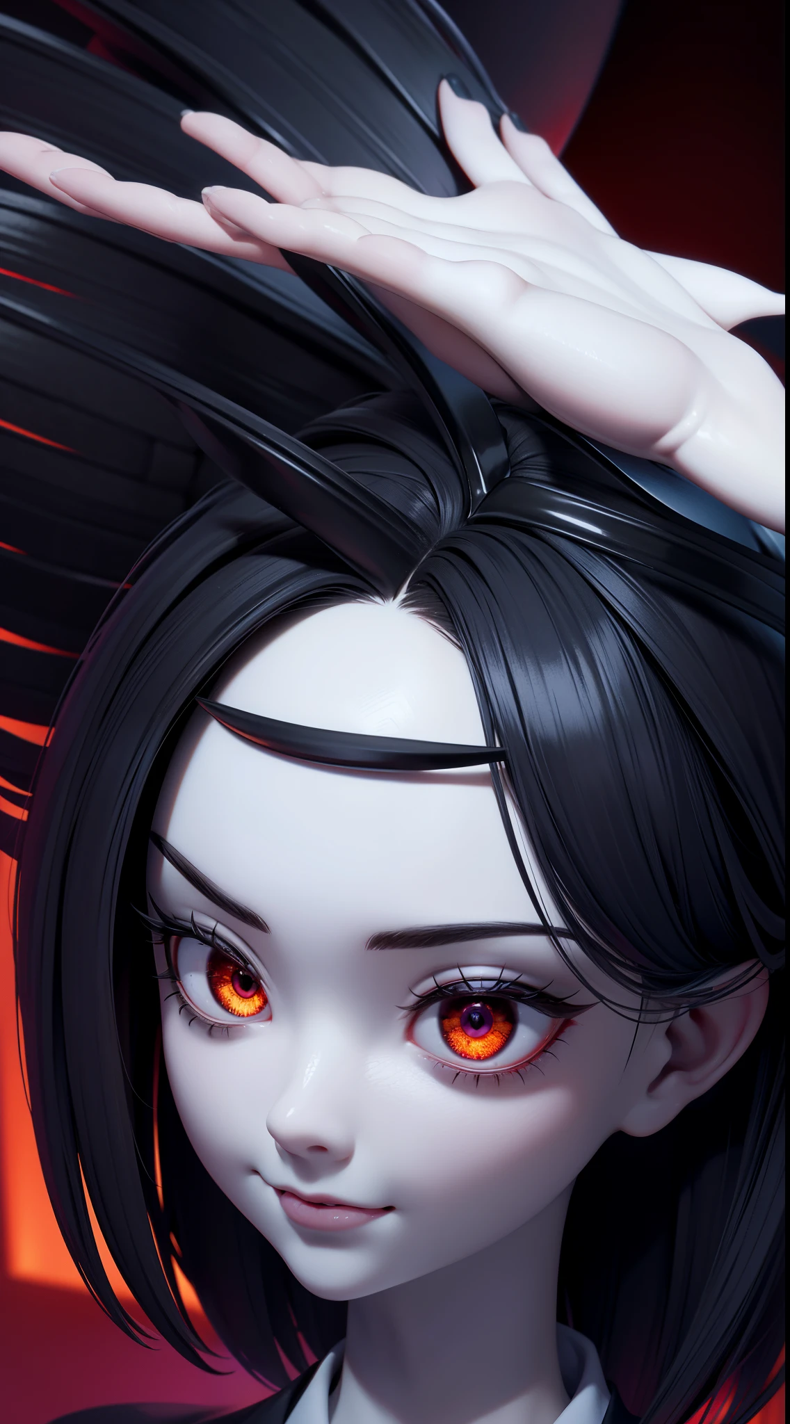 pixar style, (close-up on the face), (only the face), (demonic face), demonic woman, very pale skin, white eyes without pupils, blood coming out, black hair, scene in the background funeral place, 4k image