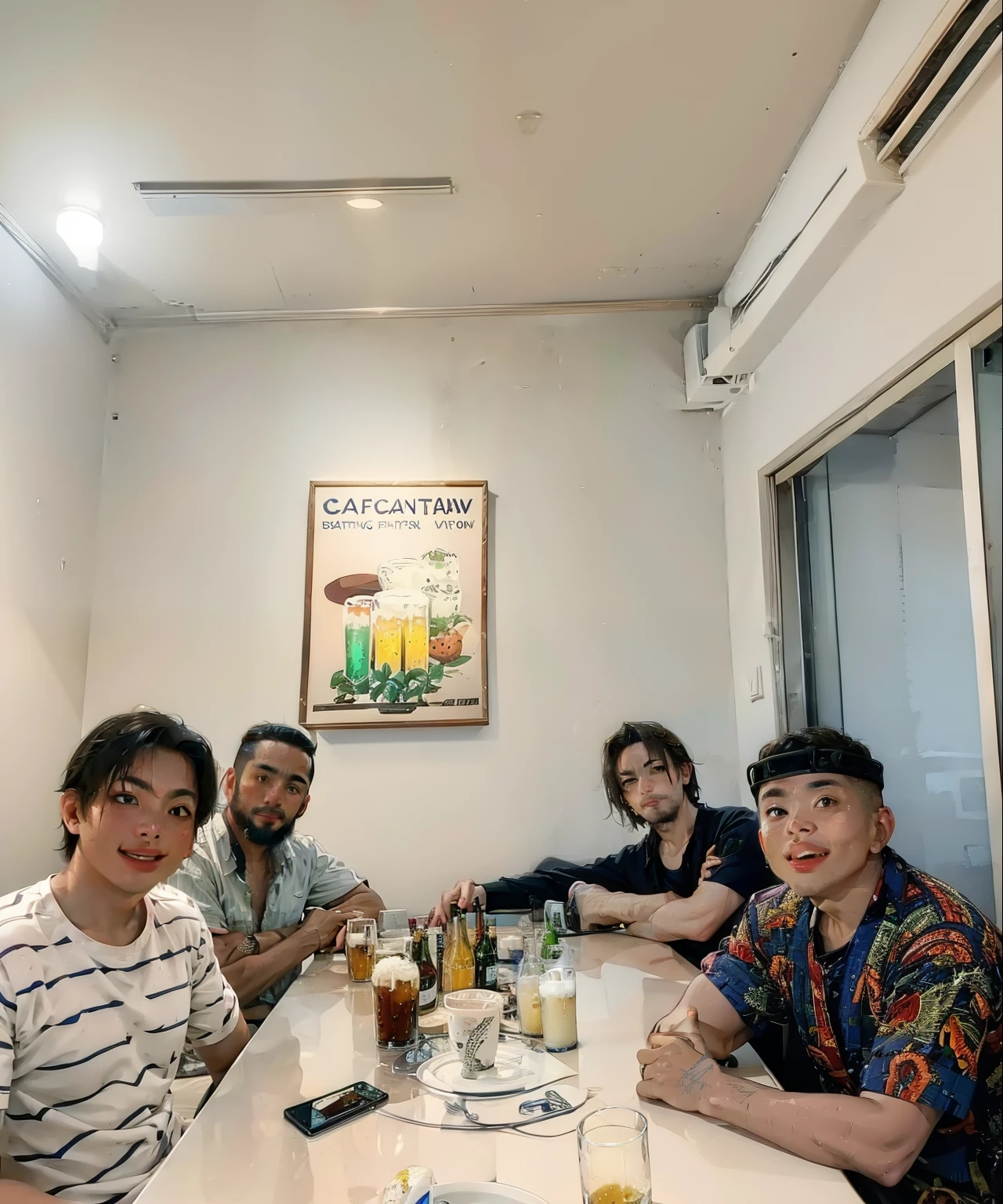 A group of five men drinking beer in a tavern, long shot, 8k resolution , Masterpiece