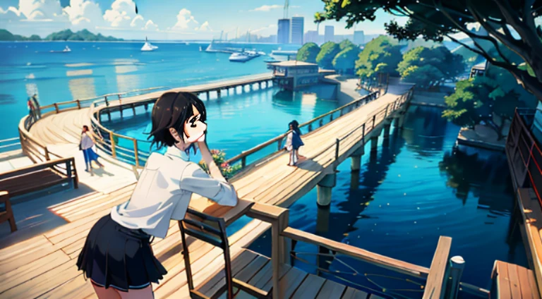 There are many tables and umbrellas on the pier by the water, Makoto Shinkai's style, Shinkai sincerely. —h 2160, beautiful anime scenes, ( ( Shinkai sincerely ) ), Shinkai sincerely, Estilo de Makoto Shinkai, beautiful anime scenery, Anime landscapes, Estilo de Makoto Shinkai