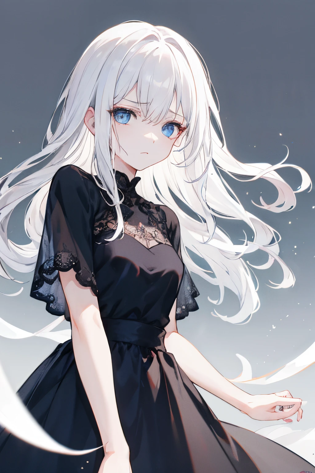 wavy white hair saddened unhappy doa feminine black dress Blue eyes About 20 years old