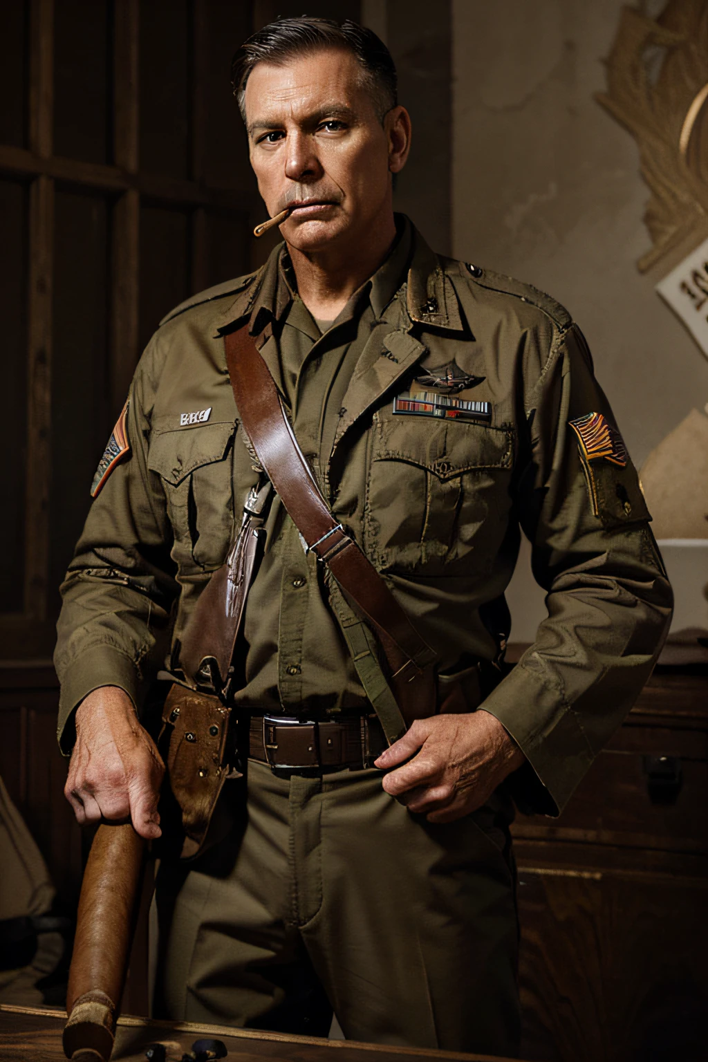 imagine the US Marine Corps Colonel of the Second Special Operations War, codename Eagle, alto, forte e com um charuto na boca, a Thompson in his hand and equipment spread across his body