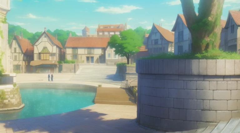 Animation scene of courtyard with fountain and buildings, Anime landscape concept art, town in background, beautiful anime scenery, Anime landscapes, beautiful anime scenes, Downtown background, Small town background, lulua studio, Anime background art, Anime countryside landscape, anime scene, Bustling magic town, Today’s recommended anime is still