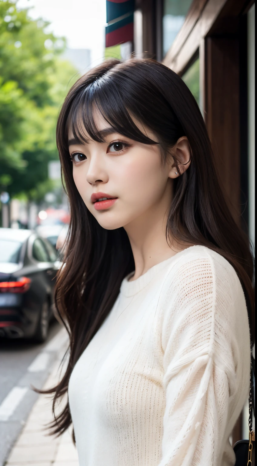 28 year old Chinese girl, long wavy hair to the side, bangs, one person image, high quality, photorealistic, beautiful, influencer, sharp facial features, pretty eyes, fit and curvy, urban, OOTD, trendy and hip outfit, not looking at camera