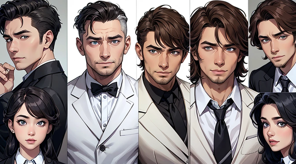 a white man with business suit, same hairstyle and same cloth with 4 different expressions on detailed face like surprise, sad, smile and laugh