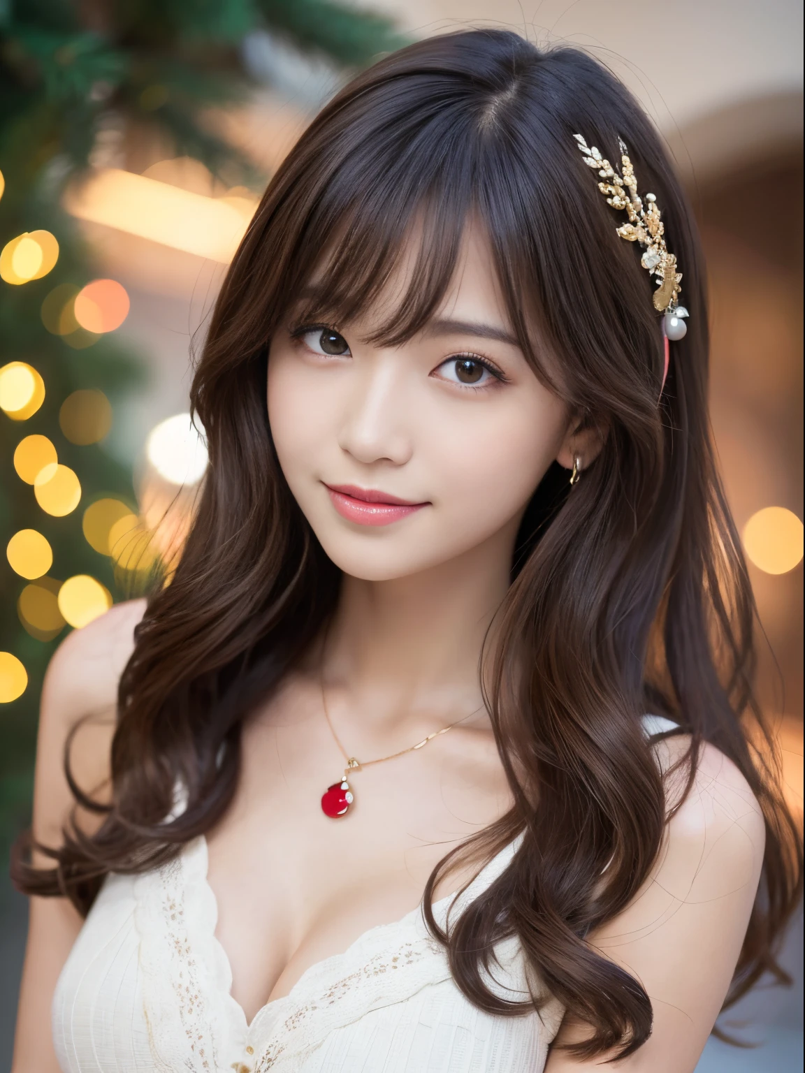 best qualtiy,超A high resolution,RAW photogr,1girl in,Loose perm hair、dark brown hair、japanes、Loose perm hair、smil、professional photograpy、Same skin type as humans、Female proofreading of Japan from head to foot、Blur the background、Draws faithfully to anatomy、Very detailed and beautiful、Ultra-high image quality、Hair swaying and sexy、Very detailed beautiful girl、Hair to the shoulders、耳环、a necklace、Christmas、Christmas tree、a cake、Parti、Christmas costumes、