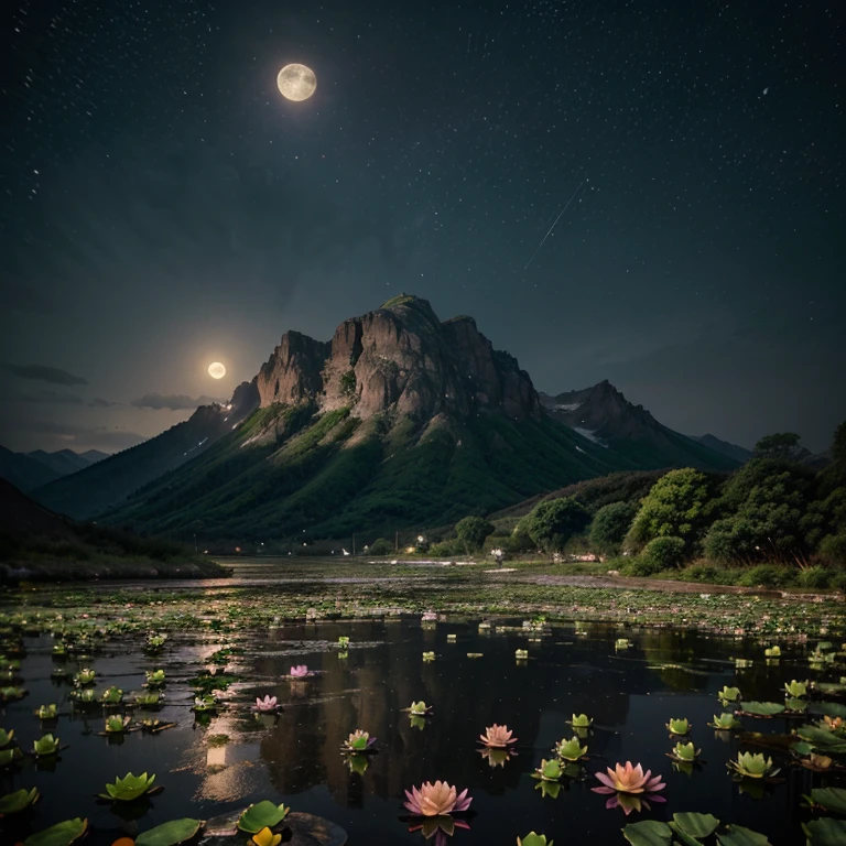 At night, only the moonlight illuminates, crooked moon, mountains in the distance, beautiful big lotus flowers nearby, big red lotus flowers, running water next to it, frogs, summer full of joy, crooked moon in the sky mixed with stars, amazing wallpaper, rainy night, night in the rain, beautiful and beautiful, movie, high detail ((heavy rain))), 8k