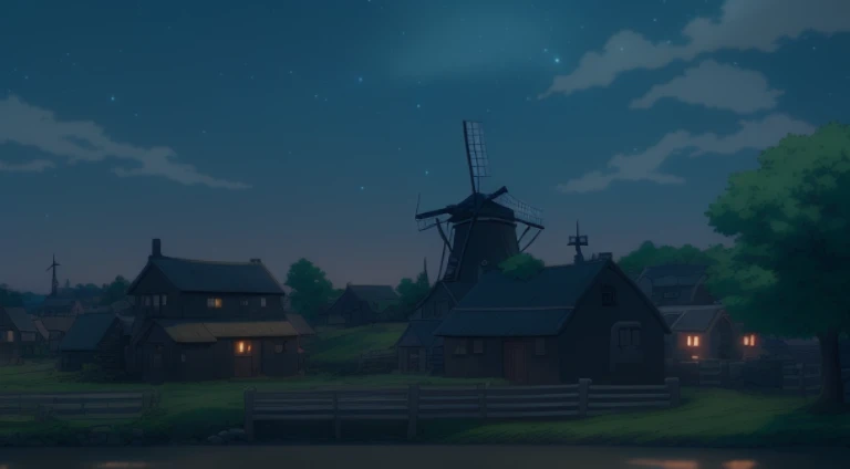 Night view of a small village with windmills and houses, beautiful anime scenes, Anime countryside landscape, anime scene, Night village background, howl\'s moving castle at night, Anime background art, Anime landscapes, anime backgrounds, Screenshot of black clover, beautiful anime scenery, Anime landscape concept art, Screenshot of the animated movie, tavern background