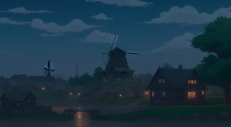 Night view of a small village with windmills and houses, beautiful anime scenes, Anime countryside landscape, anime scene, Night village background, howl\'s moving castle at night, Anime background art, Anime landscapes, anime backgrounds, Screenshot of black clover, beautiful anime scenery, Anime landscape concept art, Screenshot of the animated movie, tavern background