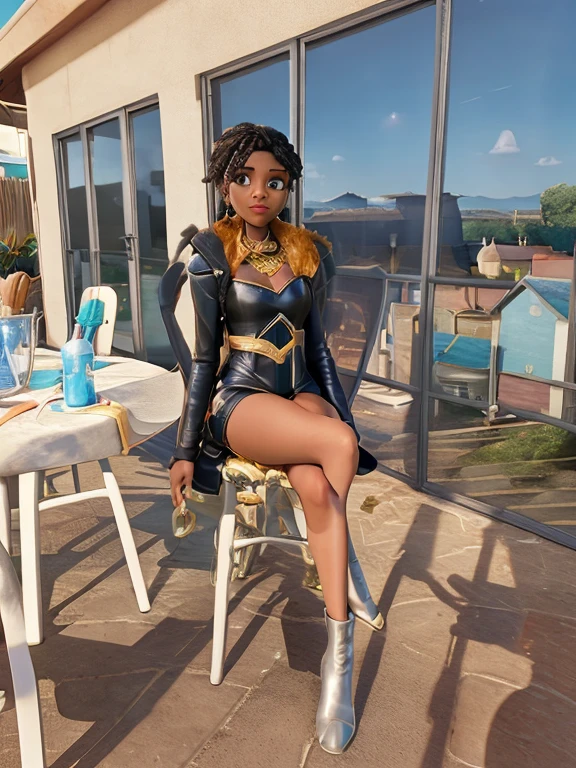 Disney pixal there is a black woman sitting on a chair outside of a house, wearing a camisole and boots, african domme mistress, wearing a full leather outfit, on a bright day, sitting down casually, slightly sunny weather, wearing leather swim suite, sparkling in the sunlight, photo shoot, looking confident, shot on canon eos r5, shot on canon eos r 5 3d image