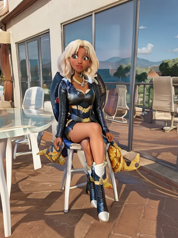 Disney pixal there is a black woman sitting on a chair outside of a house, wearing a camisole and boots, african domme mistress, wearing a full leather outfit, on a bright day, sitting down casually, slightly sunny weather, wearing leather swim suite, sparkling in the sunlight, photo shoot, looking confident, shot on canon eos r5, shot on canon eos r 5 3d image