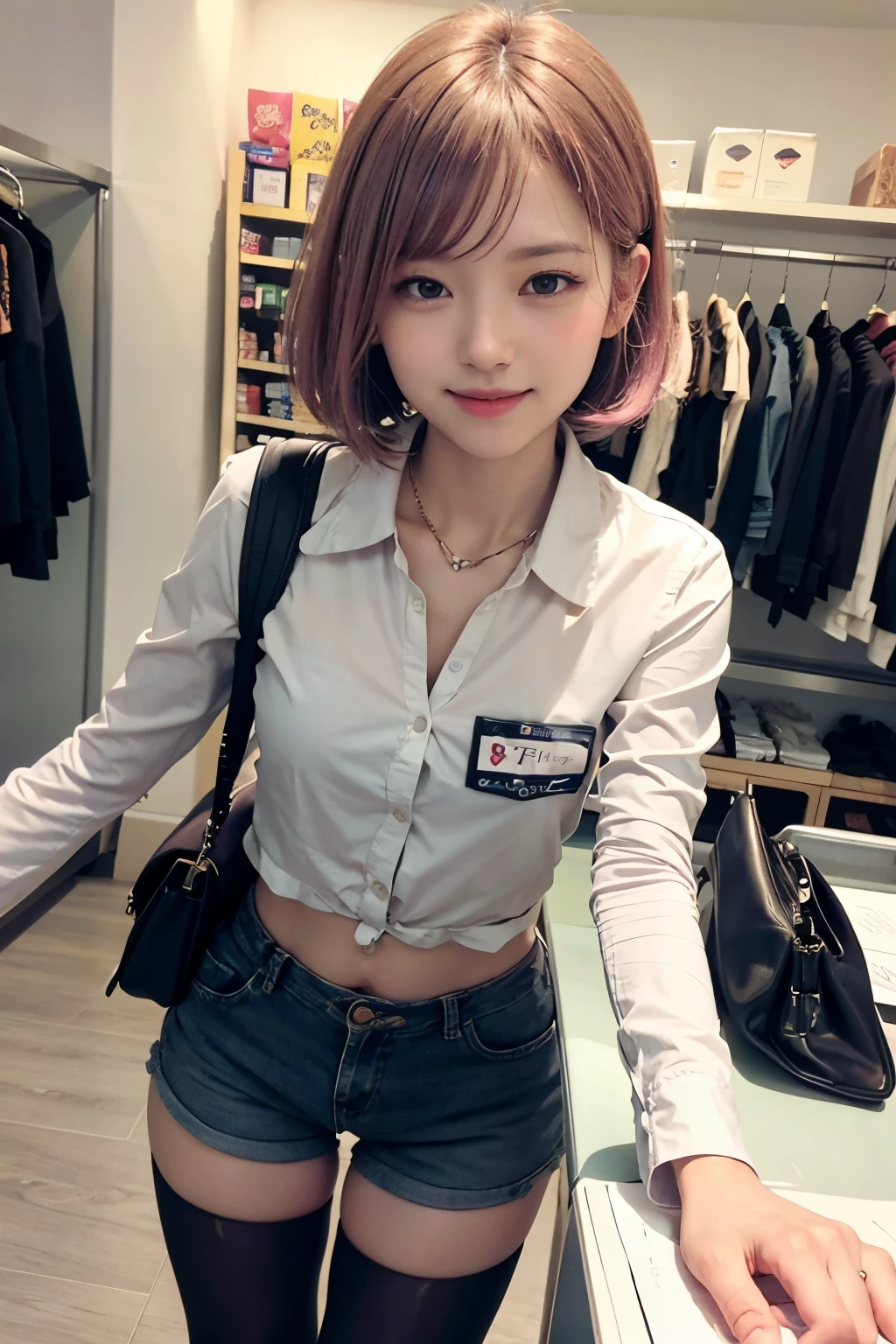 (8K, top-quality, masterpiece:1,2), (reallistic, Photorealsitic:1.37), Super Detail, One girl,), (Highly detailed), (beautifully detailed eyes), (of the highest quality), (super detailed ), (masterpiece), (Detailed face),20yr old, ,1 girl, full body, pink hair,Very short hair, medium breasts, clothed, 1girl,cheerful sales checkout clerk , perfect body, medium breasts, slim curve, ultra detailed face, super beautiful, innocent, cute girl, thin eyeblow, rond face, smiling full of compassion, half opened mouth, kissing face,beautiful short bobstyle, Fashion uniform of a convenience store Attire, pale pink striped collar shirt with signature of the shop , loose shorts, name tag dark toned full length tights, ultra detail, complicated pattern on the tights ,at the convenience store , at noon , gentle light, Registering the product at the cash register