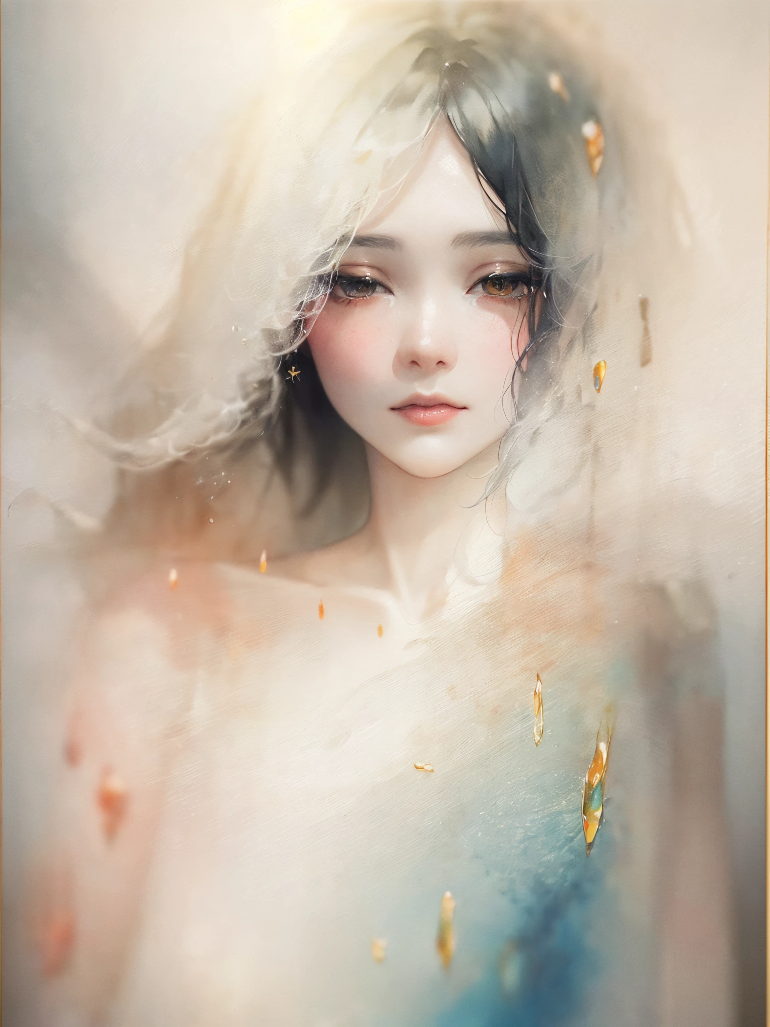 A beautiful woman emerges dimly from the world surrounded by light. Strong light crosses and soft light leaks out.(Color pattern:winter mist, misty rose )
(Ink on Japanese paper, which tends to bleed easily)(contemporary art like a picture book) (transparent watercolor) (light itself expressed as real) (layers of soft, rich colors) (shades of paint dissolved thinly with water) (deep, delicate colors)