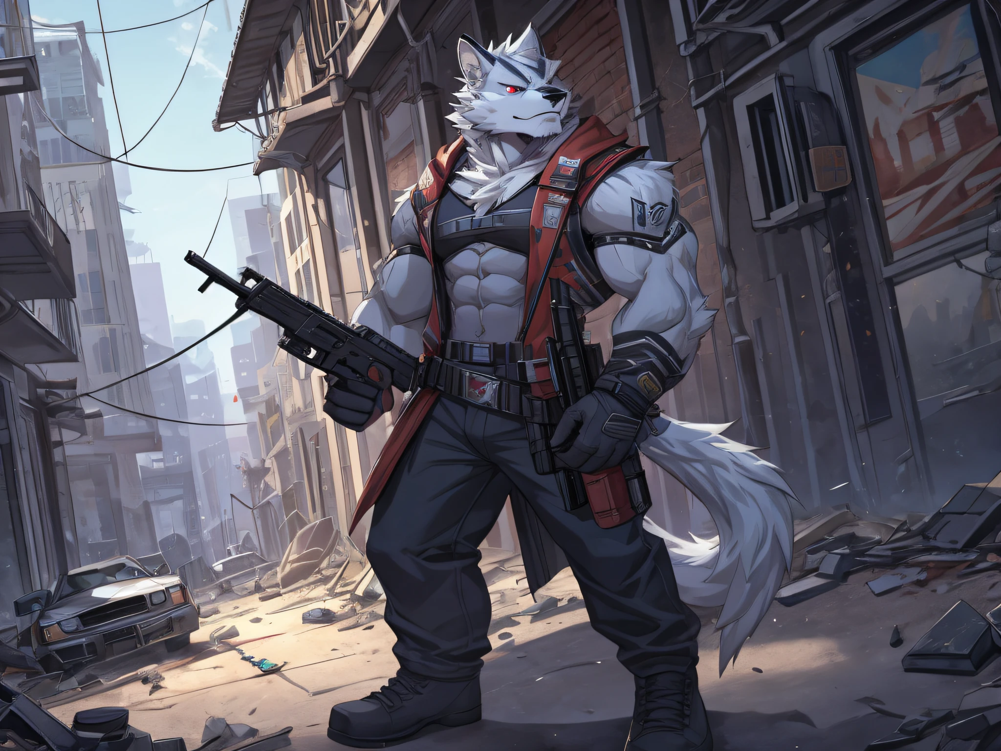 furry,bara,a android,masculine,Red Eyes,muscular,Hold the gun..,In the ruined city,Look straight ahead.