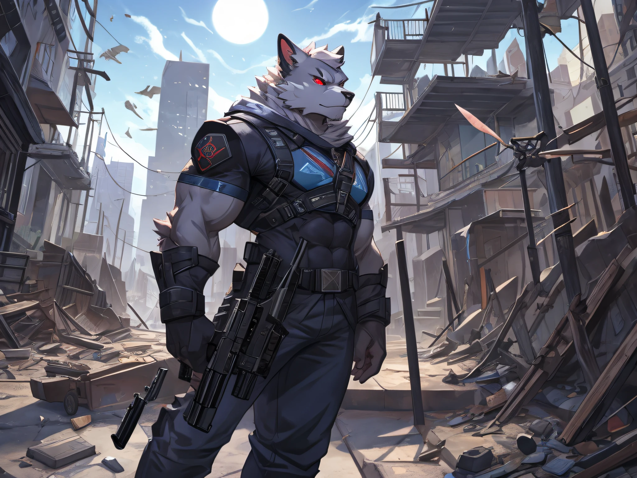 furry,bara,a android,masculine,Red Eyes,muscular,Hold the gun..,In the ruined city,Look straight ahead.