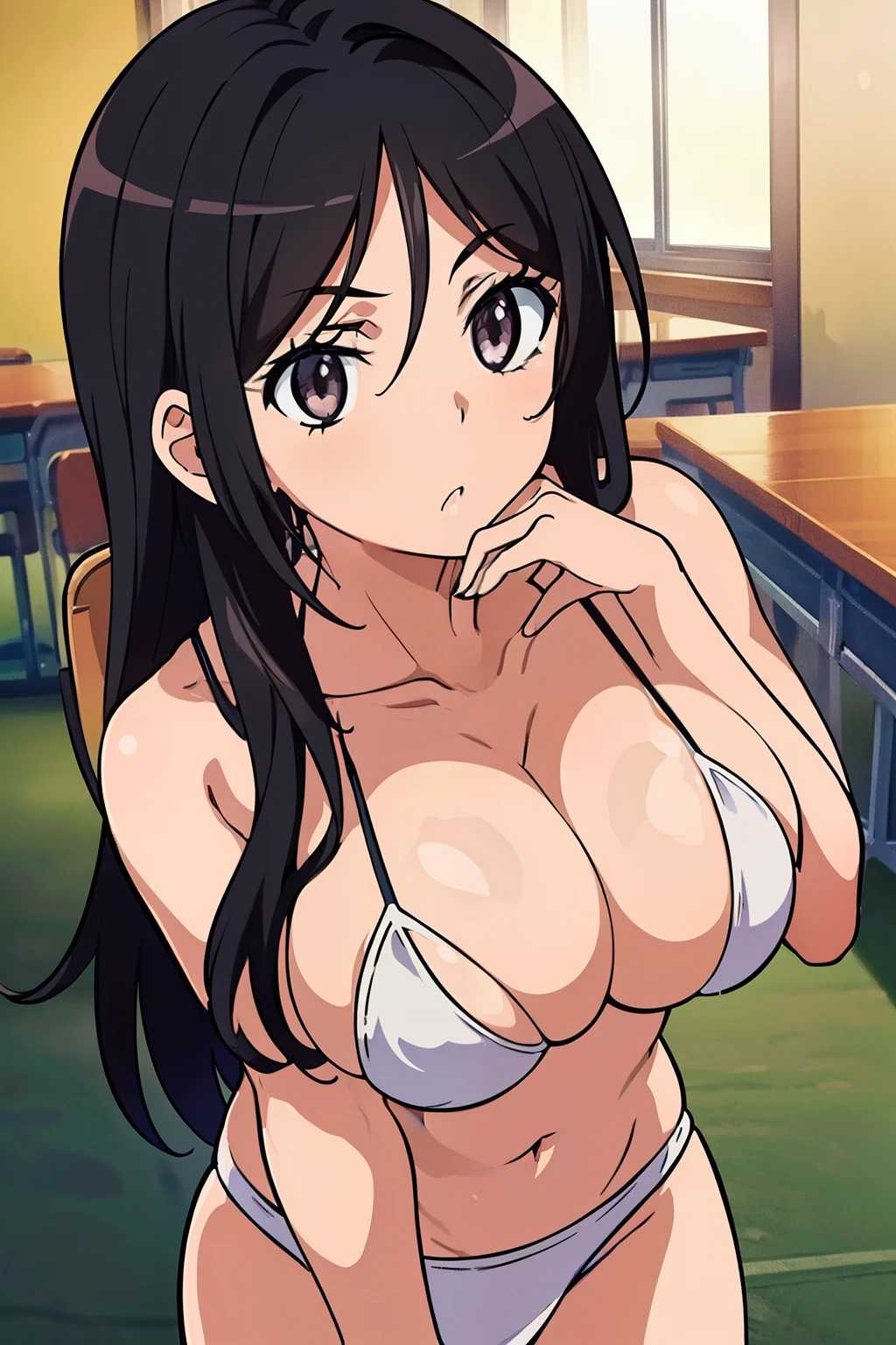 ((masutepiece, Best Quality, High resolution, anime screen cap, anime colours, in 8K, anime keyvisual)):1.5, Blow mailing, 1girl in, Cute, blush, (Long Black Hair:1.5), 14years, (Oversized large sagging breasts:1.5), cleavage, ((White Micro Bikini:1.5, Thin fabric)), Navel Ejection, breast squeeze:1.3, arms down, Cowboy Shot, ‎Classroom, ((Perfect Anatomy, beautifull detailed face, Beautiful detailed eyes, beautiful detailed hair, Beautiful detailed body)), thick outline, Beautiful outlines, black outlines