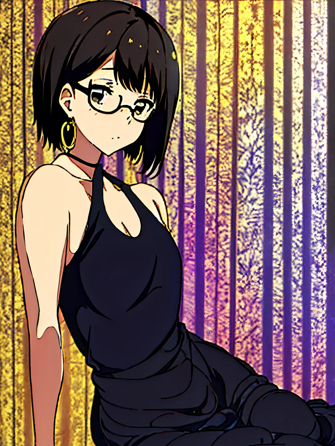 Round glasses、girl with、small tits、Troubled eyebrows、Mashed Shorthair、Sweating、Black Dress、Gold Earrings、A dark-haired、small stature