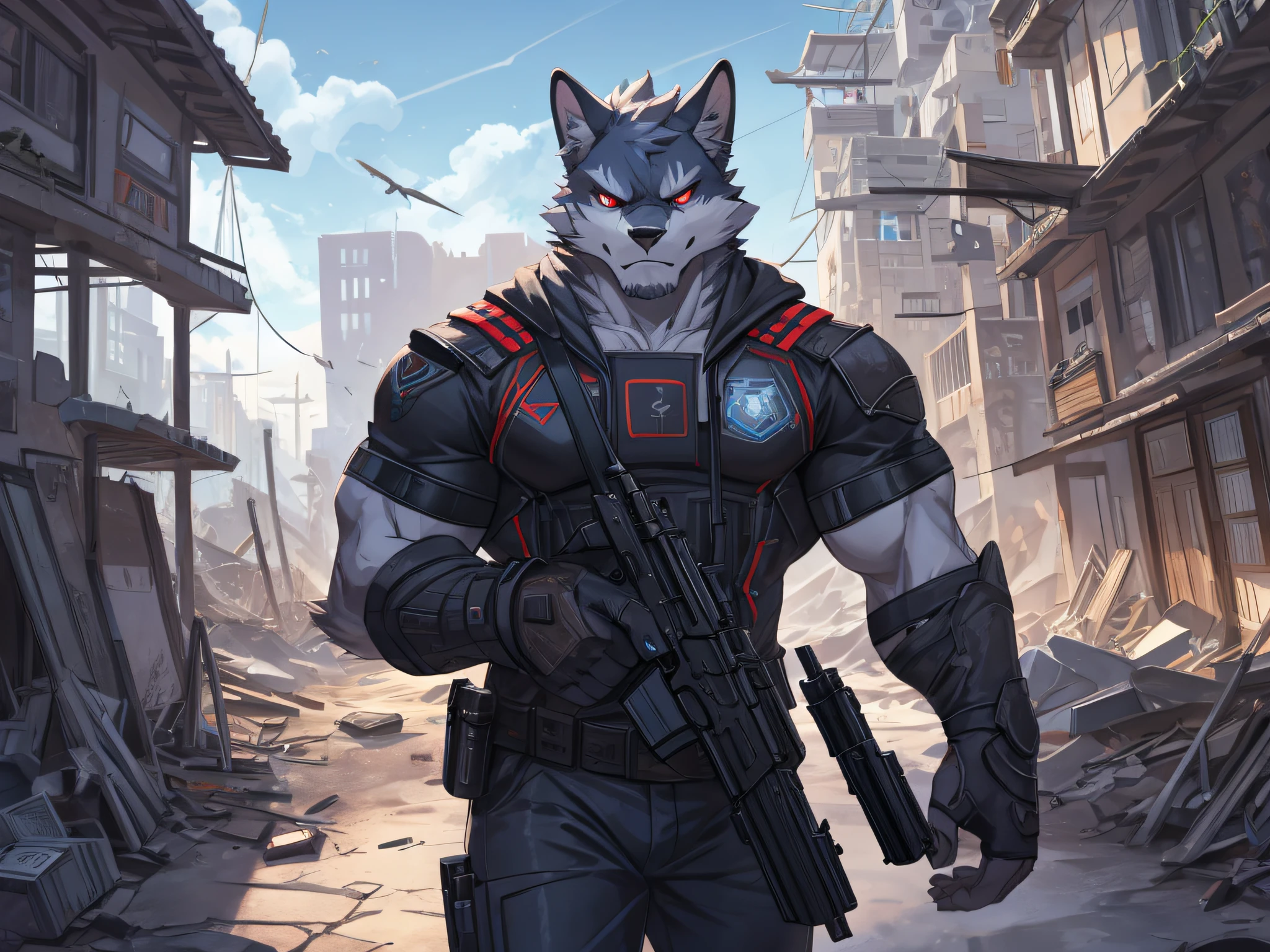furry,bara,a android,masculine,Red Eyes,muscular,Hold the gun..,In the ruined city,Look straight ahead.