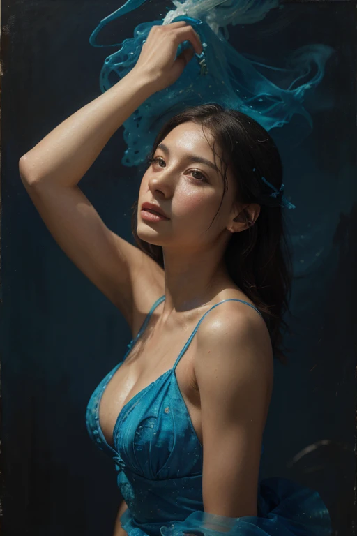 painting is executed in impasto oil, watercolor and alcohol techniques,
depicting an elegant, beautiful, stunning woman - slender, in a long
blue dress, created by the artist Pino Daeni in chiaroscuro style,
artwork features a 3D effect of arctic blue smoke and swirling blue haze,
and conveys a romantic impressionism with highly saturated colors,
against a white background, 8k, uhd