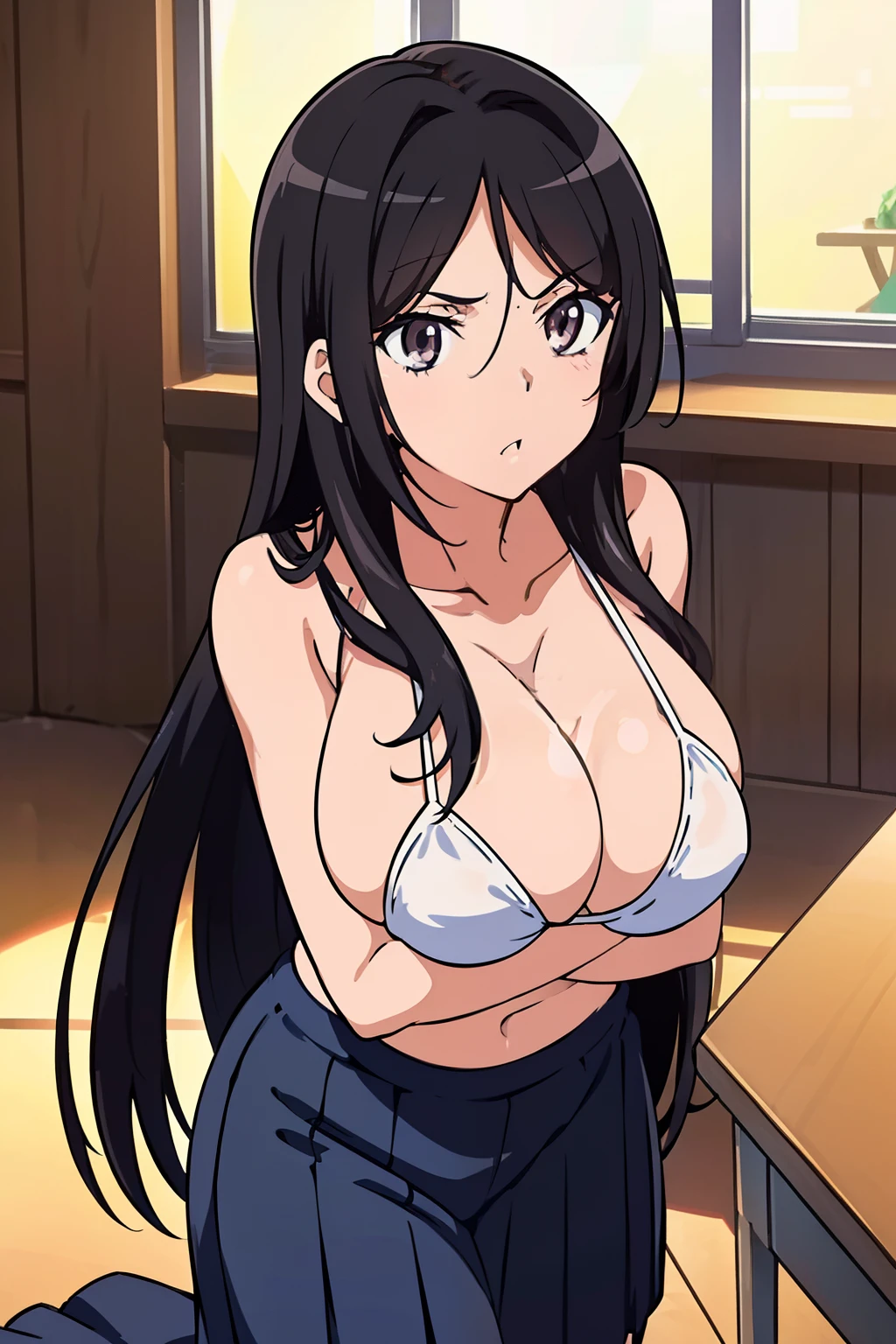 ((masutepiece, Best Quality, High resolution, anime screen cap, anime colours, in 8K, anime keyvisual)):1.5, Blow mailing, 1girl in, Cute, blush, (Long Black Hair:1.5), 14years, (Oversized large sagging breasts:1.5), cleavage, ((White Micro Bikini:1.5, Thin fabric)), Navel Ejection, breast squeeze:1.3, arms down, Cowboy Shot, ‎Classroom, ((Perfect Anatomy, beautifull detailed face, Beautiful detailed eyes, beautiful detailed hair, Beautiful detailed body)), thick outline, Beautiful outlines, black outlines