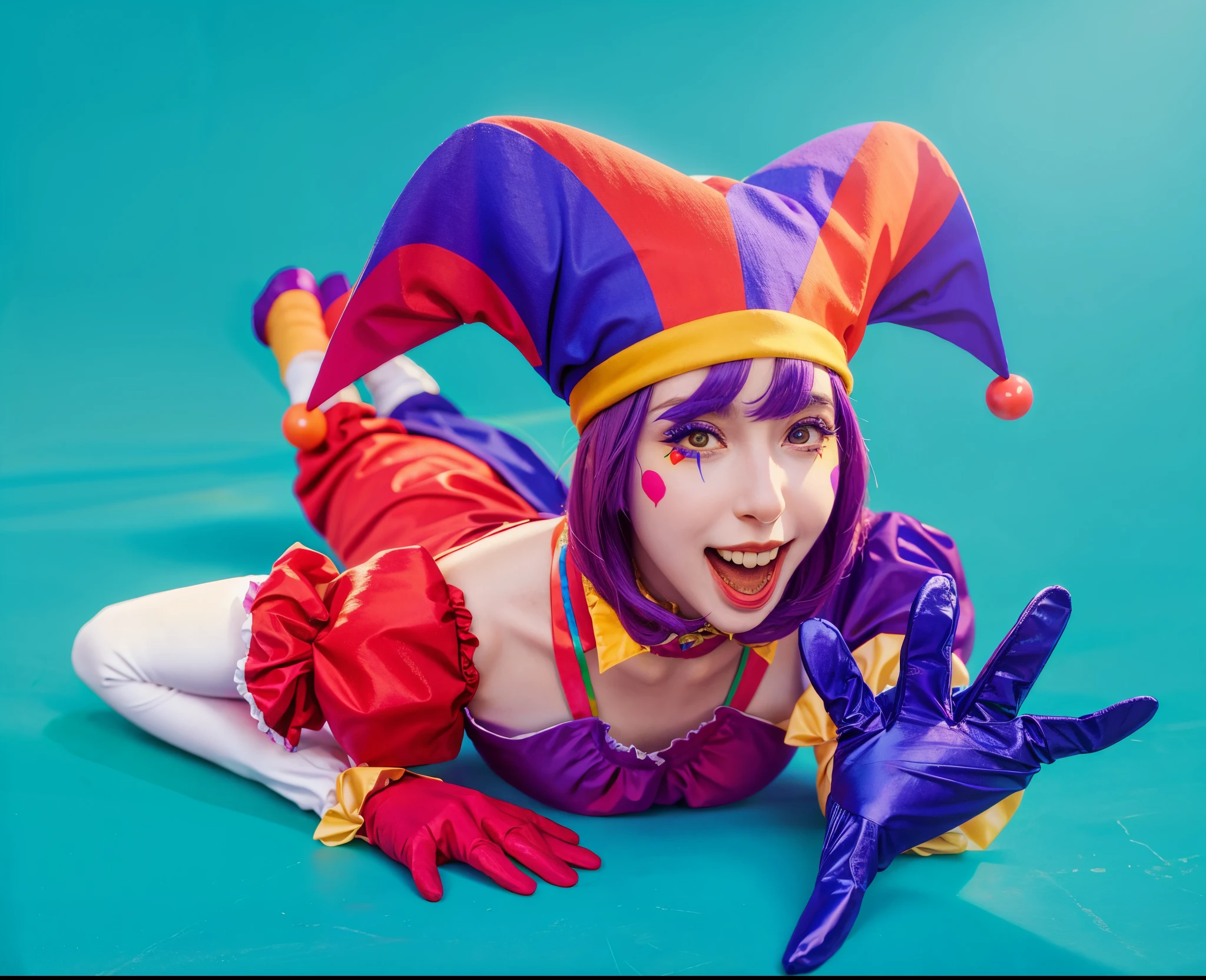 woman in a jester costume laying on the ground, jester themed, clown girl, cutecore clowncore, 4k, detailed, realistic, high resolution, rim light, masterpiece