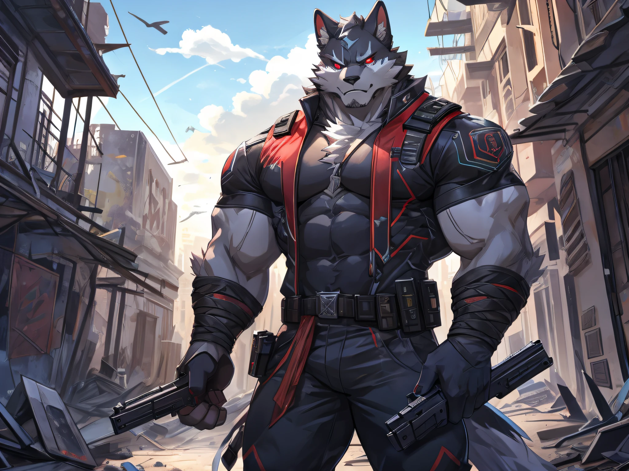 furry,bara,a android,masculine,Red Eyes,muscular,Hold the gun..,In the ruined city,Look straight ahead.