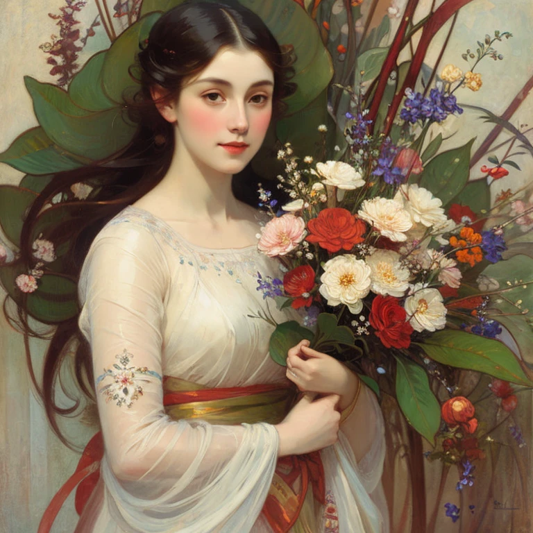 Woman with bouquet of flowers,by mucha,an oil painting