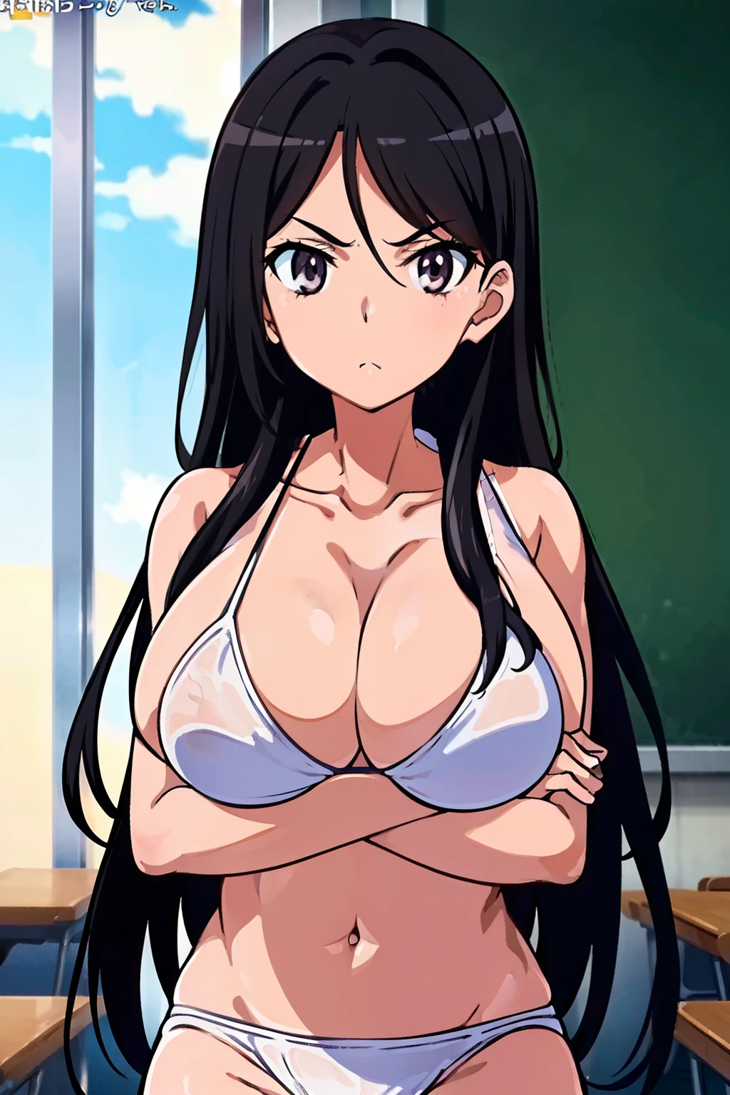 ((masutepiece, Best Quality, High resolution, anime screen cap, anime colours, in 8K, anime keyvisual)):1.5, Blow mailing, 1girl in, Cute, blush, (Long Black Hair:1.5), 14years, (Oversized large sagging breasts:1.5), cleavage, ((White Micro Bikini:1.5, Thin fabric)), Navel Ejection, Arms crossed in the lower breasts, ‎Classroom, ((Perfect Anatomy, beautifull detailed face, Beautiful detailed eyes, beautiful detailed hair, Beautiful detailed body)), thick outline, Beautiful outlines, black outlines