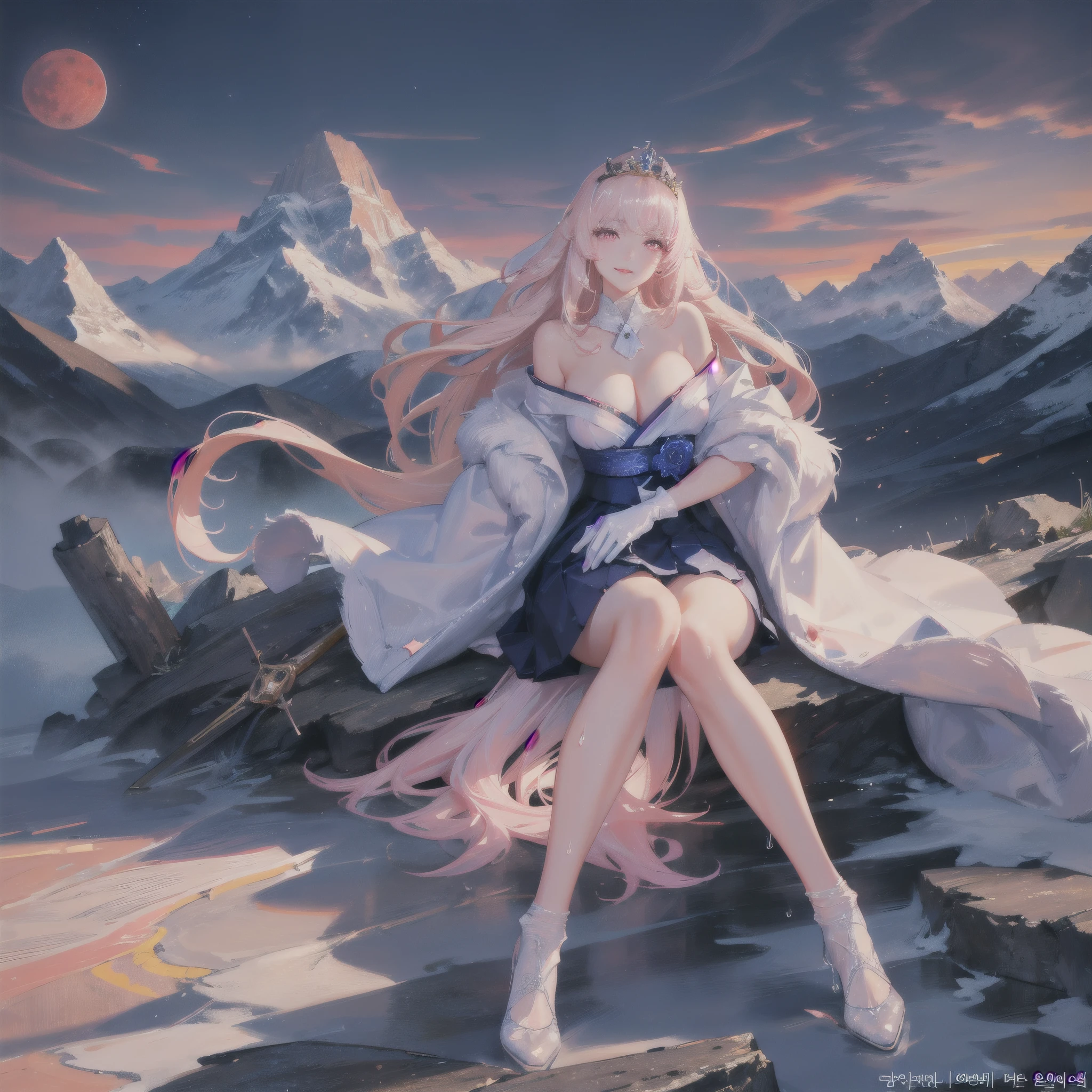 official art, masterpiece, sharp focus, (beautiful gorgeous cute Korean woman:1.3), (beautiful cute korean:1.3), korean beauty, Delicate and beautiful hair and eyes and face, realistic, ultra detailed, beautiful girl, blue sky, glow white particle, (sidelighting:1.2), sun light, white cloud, detailed clouds, slender, Lovely very large breasts and very large hips,showing pink slip and smiling, (((shy and aroused, pink eyes)), (((Happiness:1.0))), scenery, long straight hair, sexy facial expression, building, (mountainscape:1.7), dynamic hair, blonde long straight hair, detailed hair, streaked hair, glow pink wink eyes, (Star-shaped pupils), (fiery rose pleated skirt+white off shoulder blouse), white long socks, pale skin, epic scenery, (Tiara:1.5), hair ornament, Princess white gloves, Wet body, Fiery Rose, sexy look, blood moon, moon light, white bunny